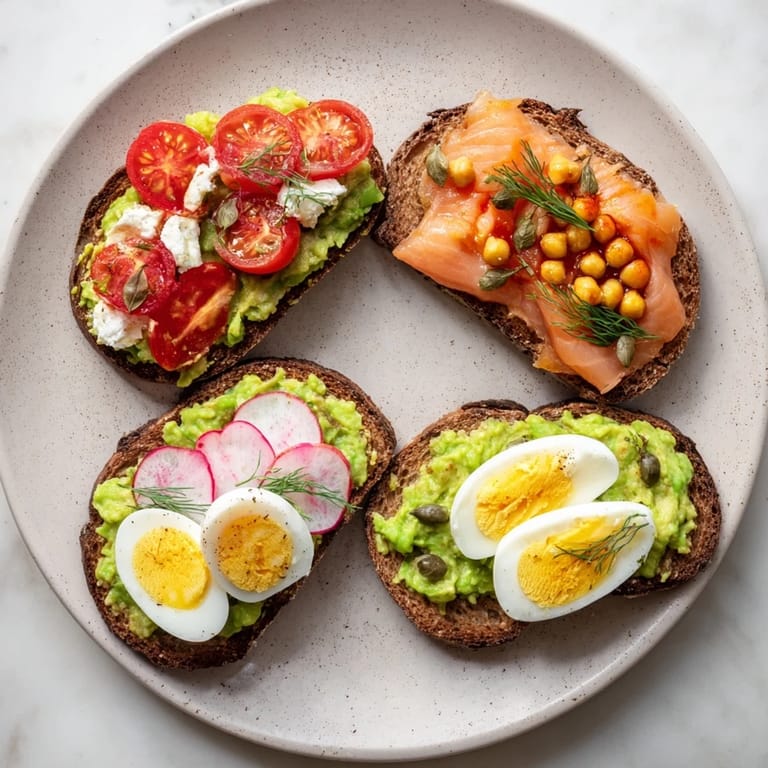 Four creative avocado toast variations: smoked salmon, spicy chickpeas, egg, and tomato, all on toasted bread.