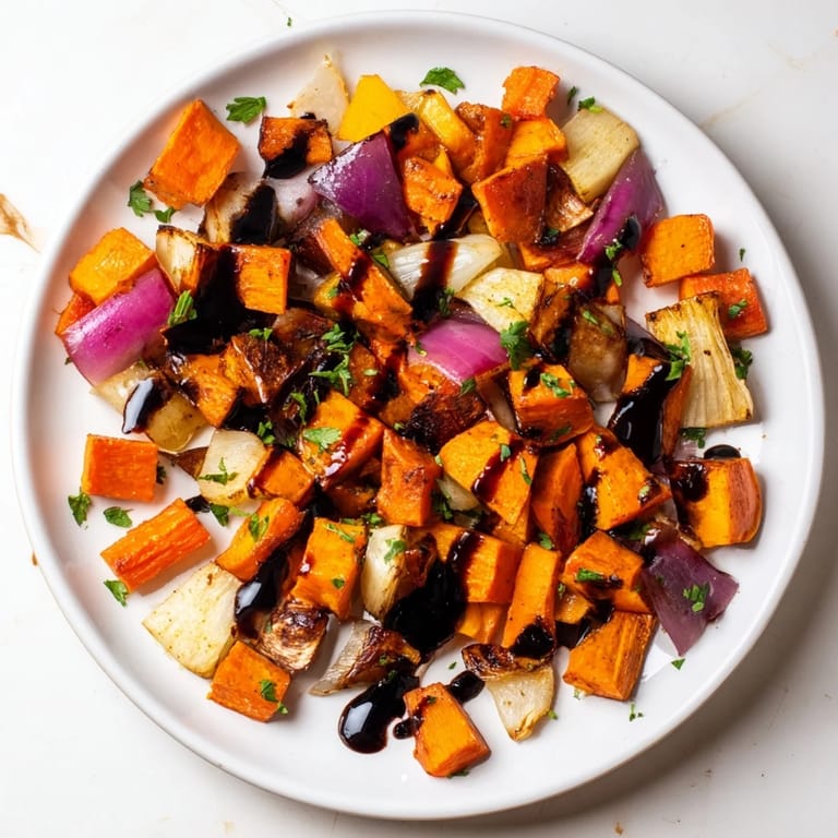 Tender, oven-roasted root vegetable medley with vibrant colors, coated in a glistening balsamic reduction.