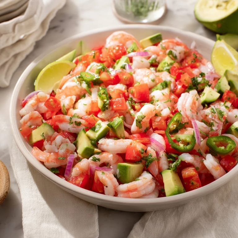A close-up view of light & fresh shrimp ceviche, ready to be scooped up with a crispy chip.