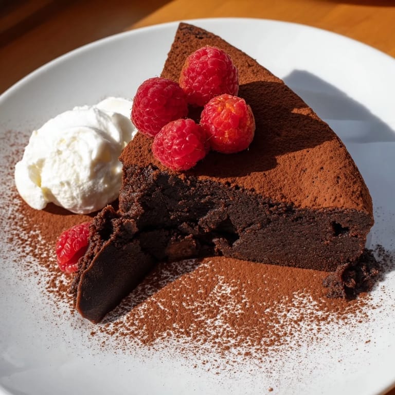 A close-up of a perfectly baked flourless chocolate cake, featuring a smooth, dark, glossy surface.