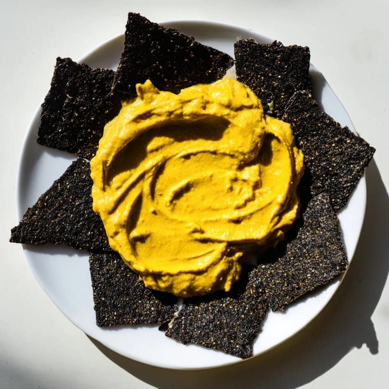 The Midnight Sun appetizer presents a vibrant carrot dip encircled by crispy black charcoal crackers.