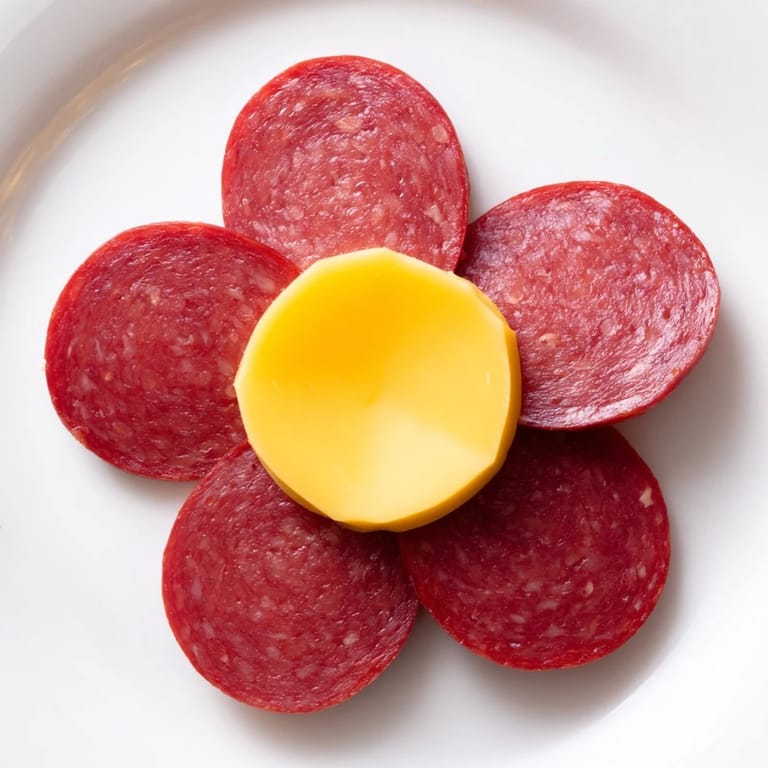 Quick and easy Tudor Rose appetizer showcasing salami arranged beautifully with a vibrant cheese button.