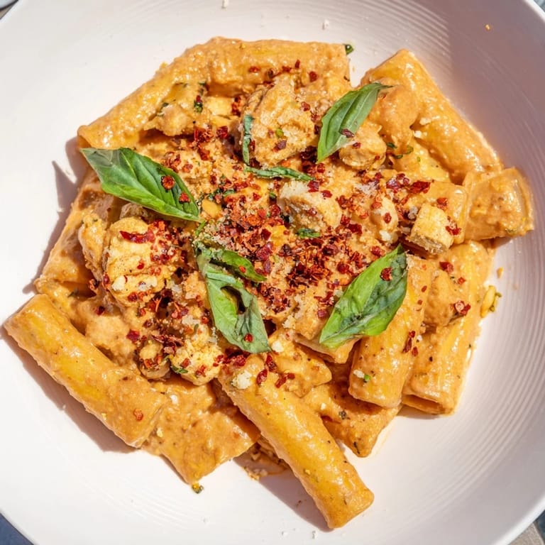 A bowl of Spicy Vodka Chicken Pasta shows rich, red sauce coating the pasta and tender chicken.
