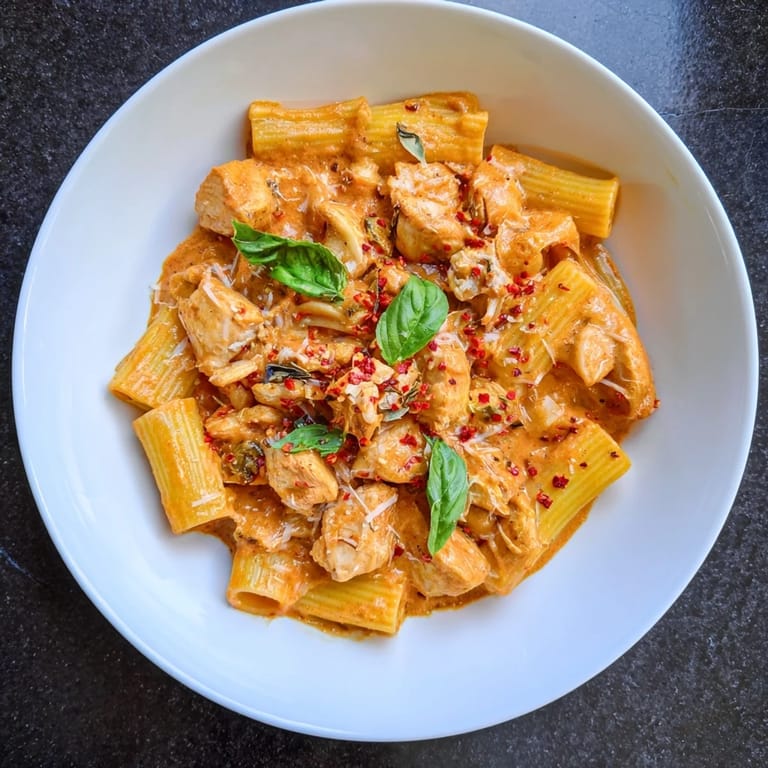 Close-up of Spicy Vodka Chicken Pasta offers a vibrant, flavorful Italian-American dinner experience.