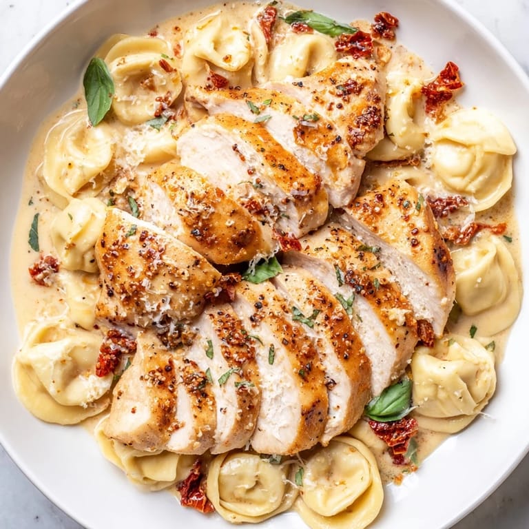This decadent Marry Me Chicken Tortellini recipe features sliced chicken nestled in luscious creamy sauce.
