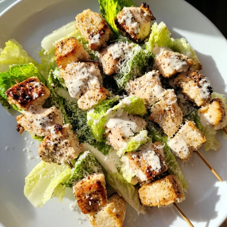 Close-up of grilled Chicken Caesar Salad Skewers, showing perfectly cooked chicken with Caesar dressing drizzle.