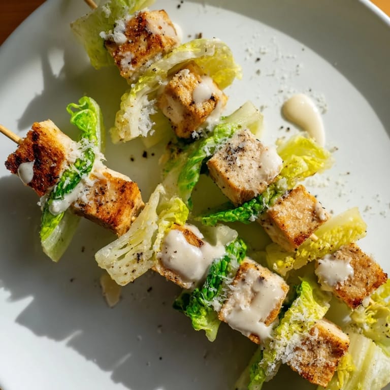 Delicious Chicken Caesar Salad Skewers, a delightful mix of chicken, romaine, croutons, and Caesar dressing.