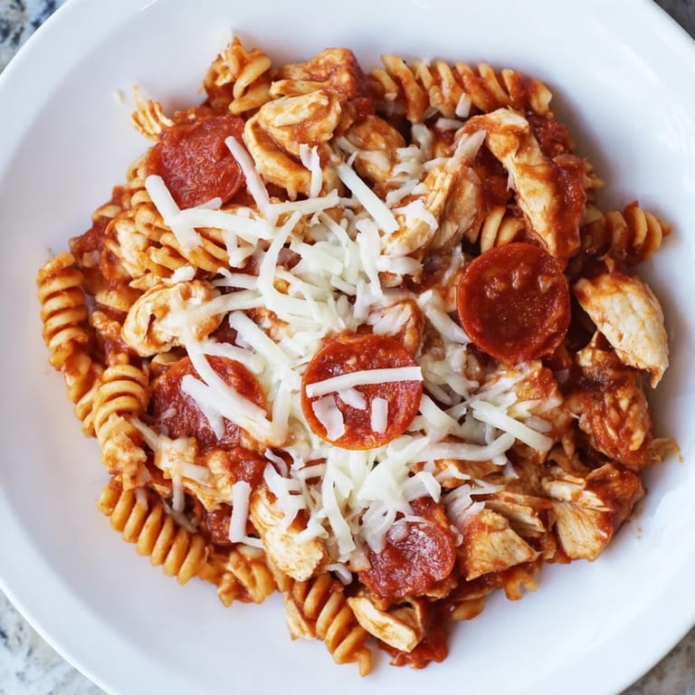 Tender chicken and pepperoni mingle in this vibrant One-Pan Pizza Pasta, a comforting Italian-American meal.