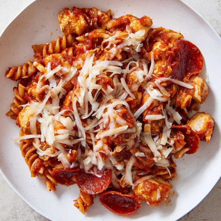 Golden, melted mozzarella tops this One-Pan Pizza Pasta, showcasing a quick, easy, and cheesy dinner idea.