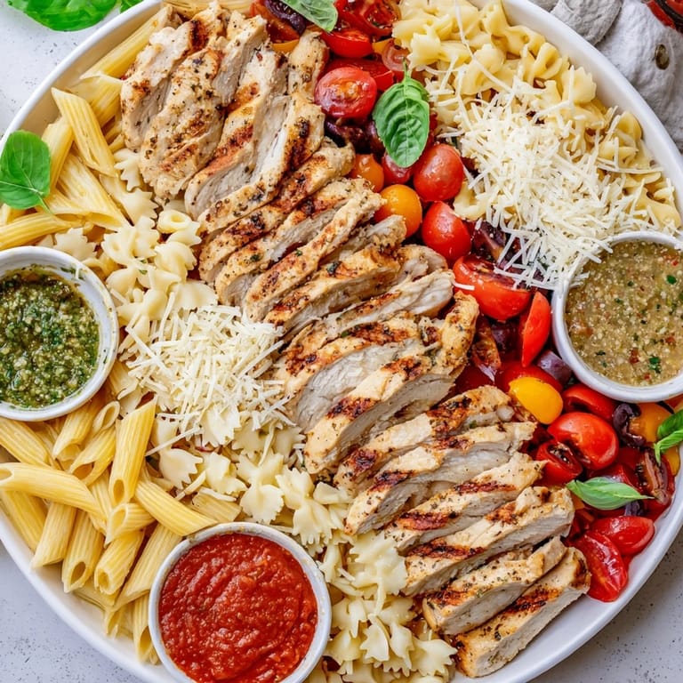 Delectable Girl Dinner Pasta Board featuring three pasta shapes, creamy sauces, and flavorful grilled chicken.