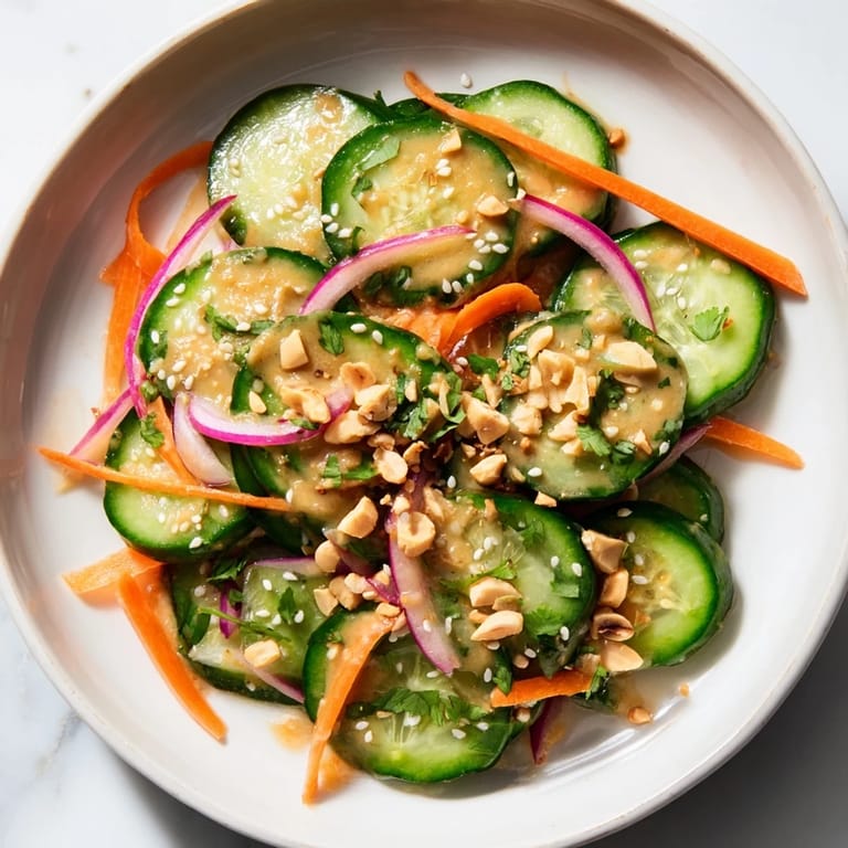 Bright, colorful close-up of Thai-Style Peanut Cucumber Salad showcasing crisp cucumbers and creamy sauce.