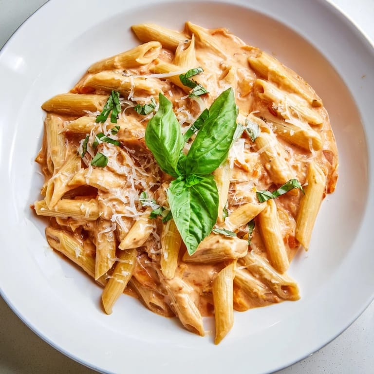 A close-up shot of the finished Basil Garlic One-Pot Creamy Tomato Pasta, ready to serve and enjoy.
