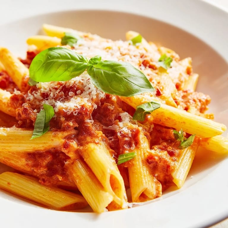 Vibrant image of Basil Garlic One-Pot Creamy Tomato Pasta, showing the creamy, flavorful tomato sauce.