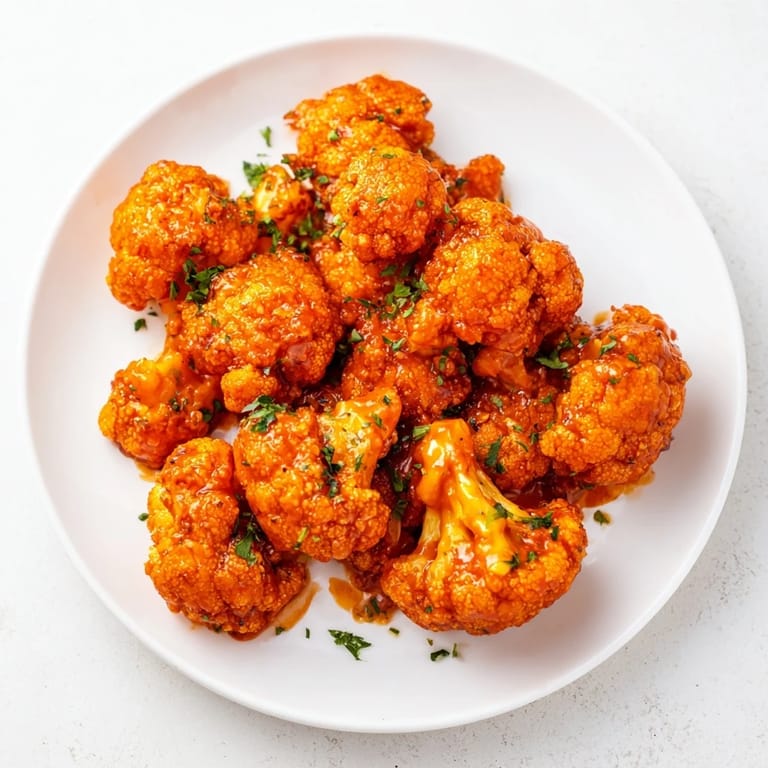 A close-up of delicious Sriracha-Buffalo Cauliflower Bites, showing the spicy sauce coating each savory piece.