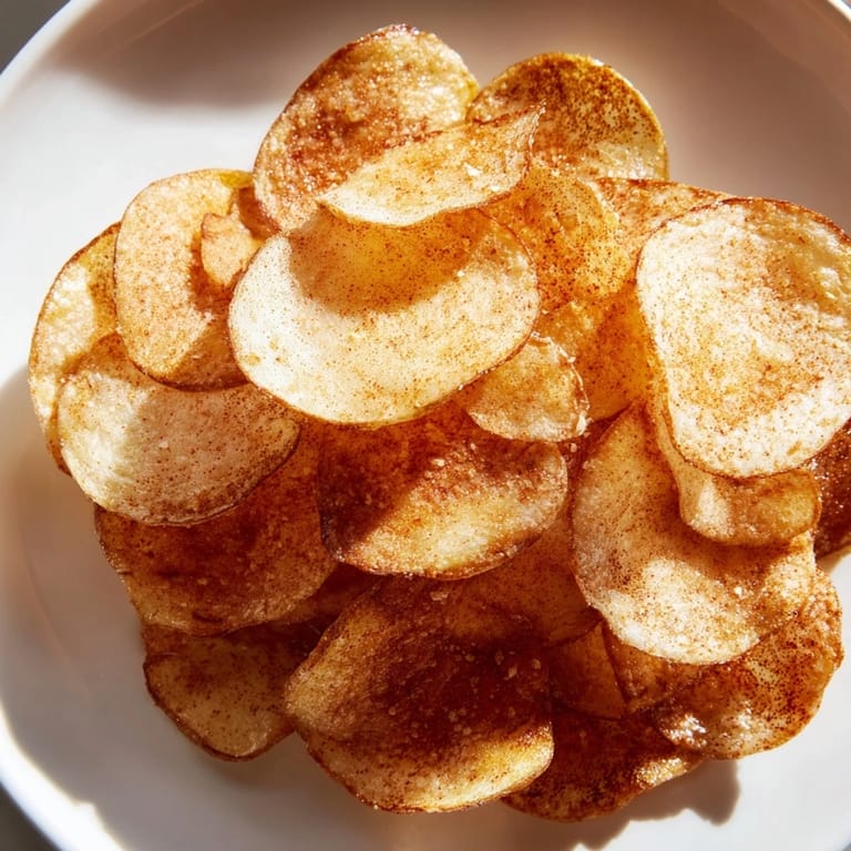Thin, golden air-fryer potato chips are perfectly crisp, a simple yet savory snack made at home.