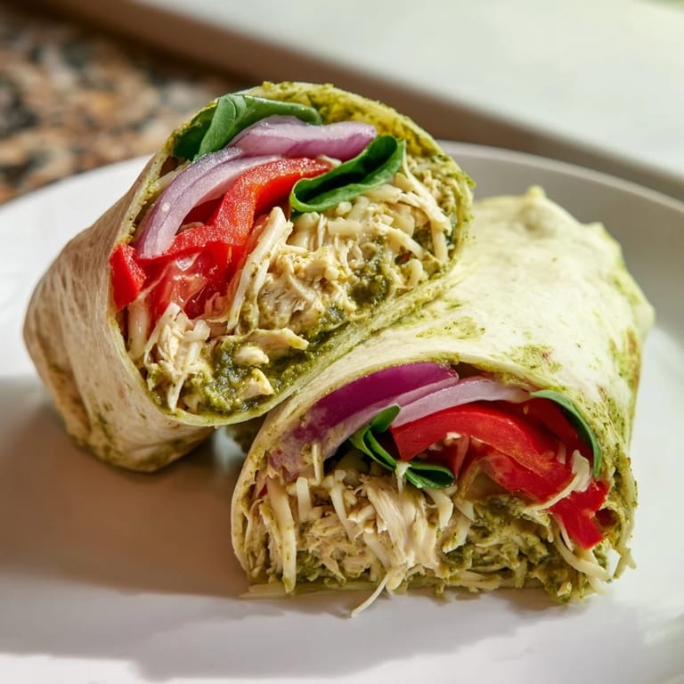 A close-up of a flavorful Pesto Chicken Wrap, perfect for a quick and satisfying lunch.