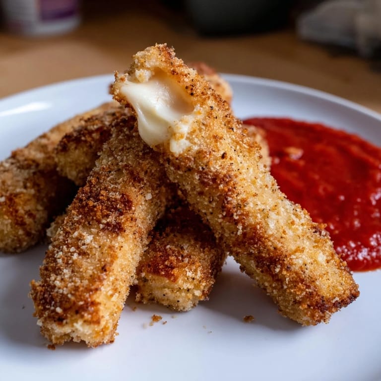 A close-up view shows crispy air fryer mozzarella sticks with a gooey, cheesy pull.