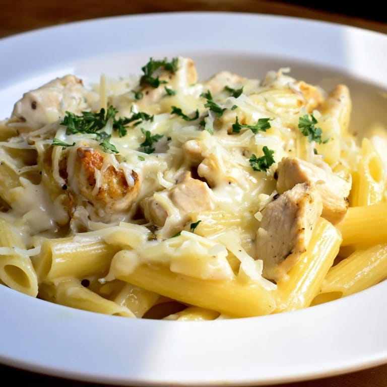 A close-up of a warm, cheesy Chicken Alfredo Bake, bubbling with creamy pasta and savory chicken.