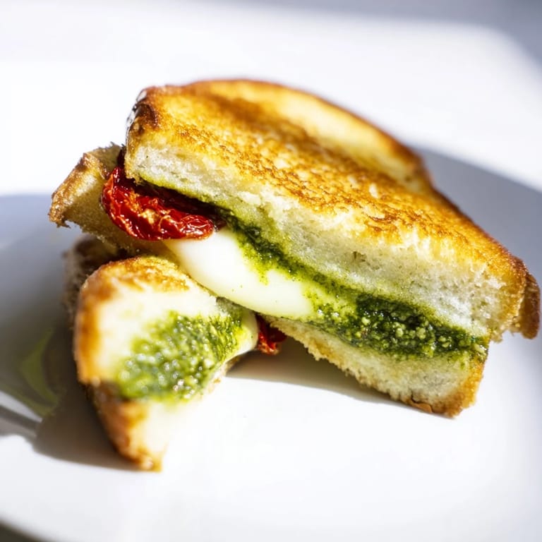 Close-up of a perfectly grilled pesto cheese sandwich, smelling delightful, with melted mozzarella and fresh pesto.