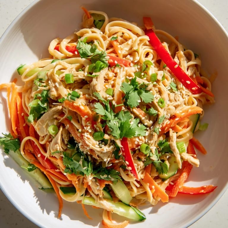 Enjoy a refreshing plate of Chilled Chicken Noodle Salad, a perfect light lunch or dinner recipe.