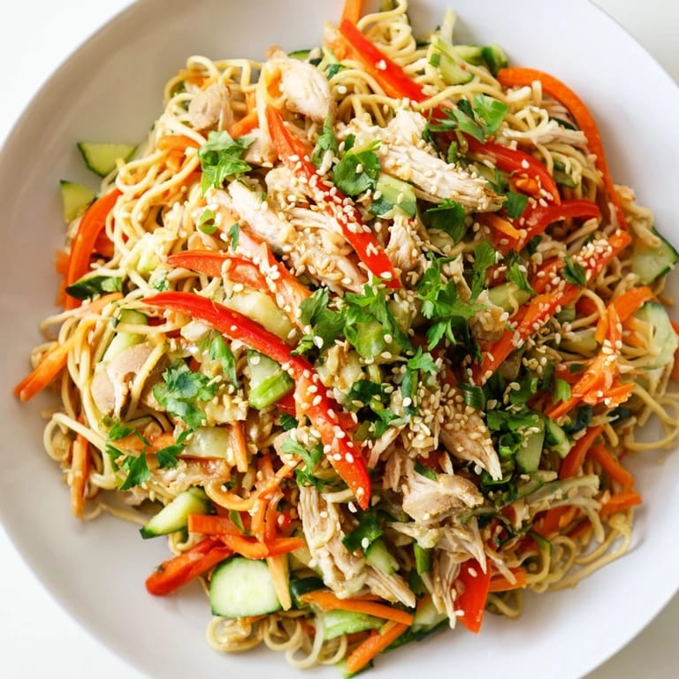 This chilled Chilled Chicken Noodle Salad offers colorful vegetables and tender chicken in a bowl.