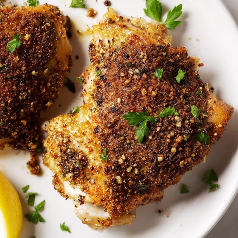 Close-up of irresistibly crispy garlic chicken thighs, perfect for a flavorful, gluten-free dinner.