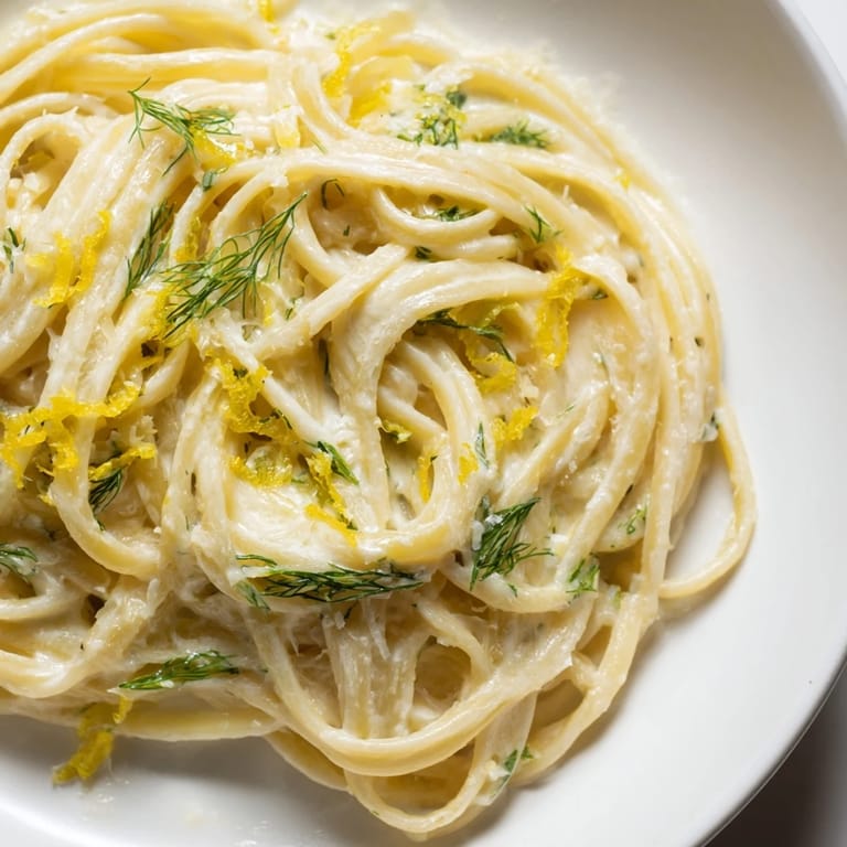 Delicious Creamy Dill Pasta, plated and garnished with vibrant dill, for a comforting vegetarian meal.