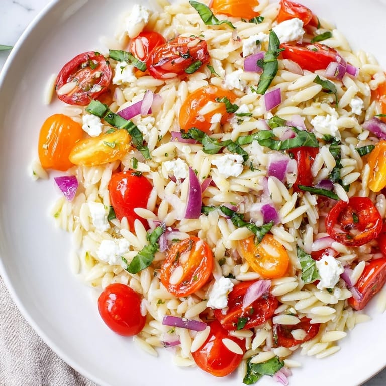 Creamy crumbled feta cheese and juicy tomatoes tossed with orzo in a delicious Tomato Feta Orzo salad.