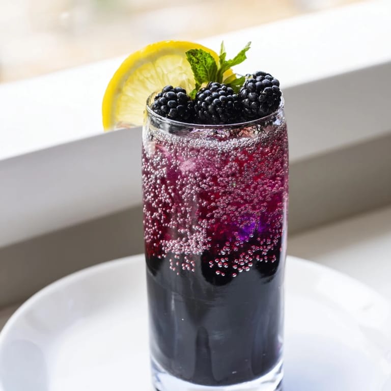Enjoy the dramatic look of a Dark Matter Mocktail, a non-alcoholic beverage with layers of black and purple.