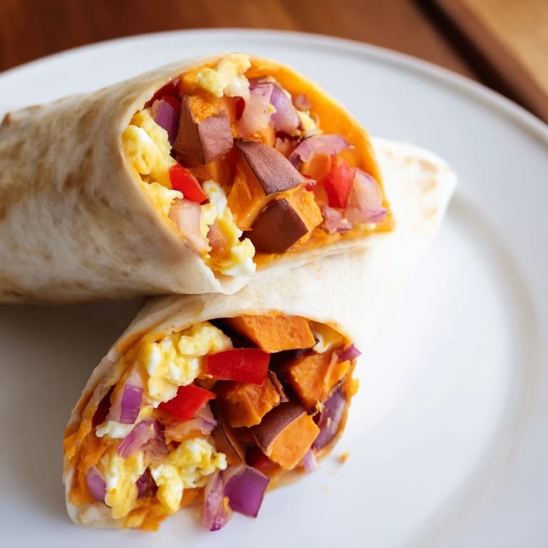 Close-up photo of delicious sweet potato breakfast burritos, perfectly wrapped and filled with savory ingredients.