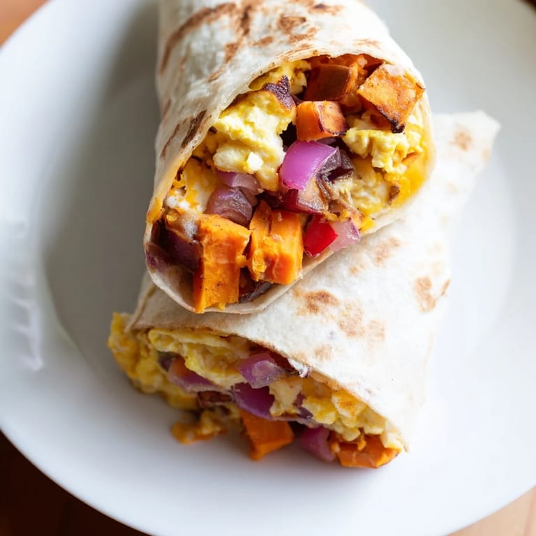 Golden, melted cheese and vibrant veggies star in these easy-to-make sweet potato breakfast burritos.