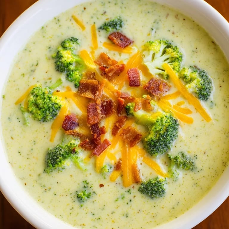 A steaming bowl of broccoli cheddar soup with melty cheese and a golden grilled cheese sandwich.