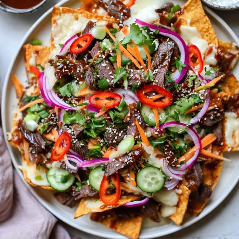 A close-up of Korean BBQ nachos: tortilla chips topped with beef and fresh vegetable toppings.