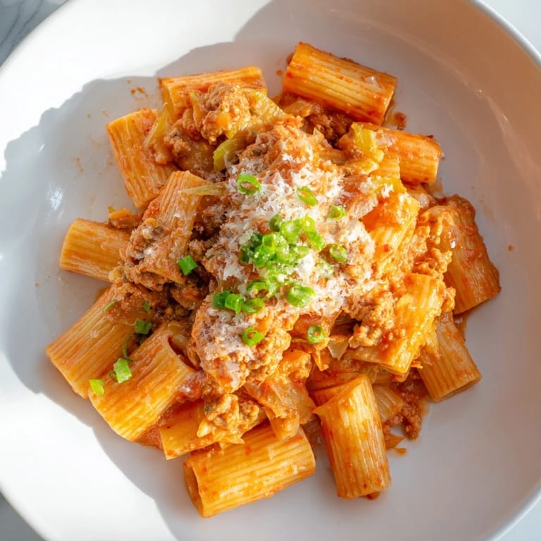 Close-up of vibrant Chaos Cooking Kimchi Ragu Pasta, with scallions and Parmesan garnishing the dish.