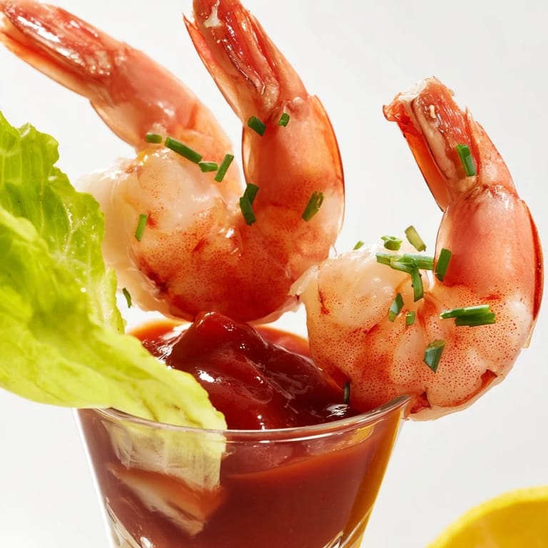 Beautiful Retro Prawn Cocktail Shooters: Perfectly chilled shrimp nestled in spicy cocktail sauce, a classic appetizer.