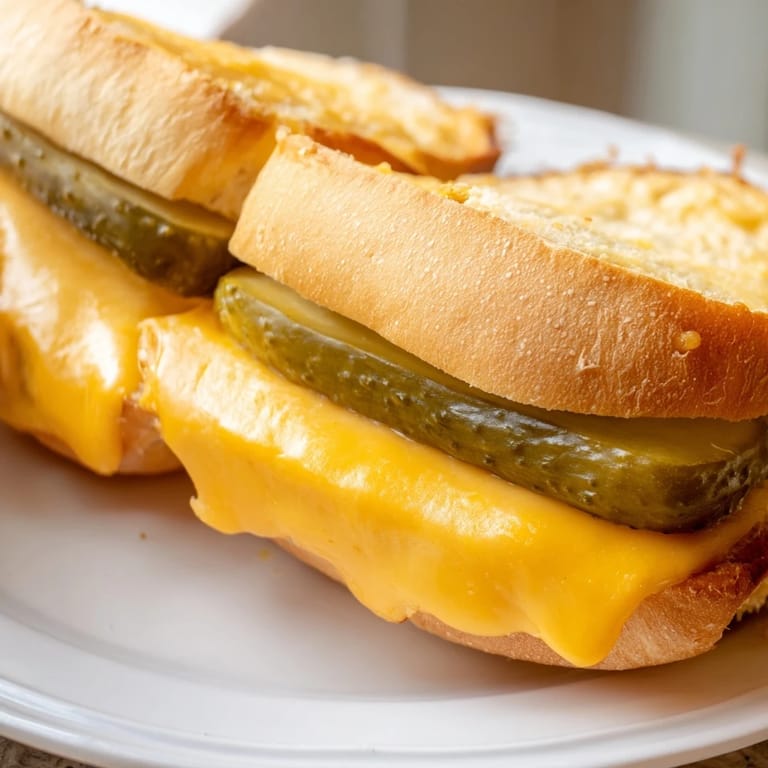 Close-up of a warm, cheesy Pickle Bread Sandwich, a low-carb treat with flavorful pickle slices inside.