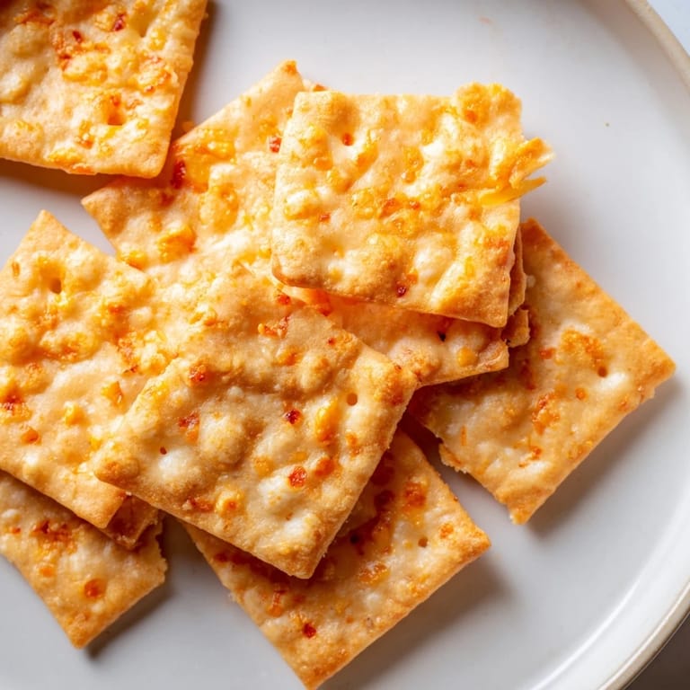 A close-up of homemade Crispy Cheeto Cheese Crackers revealing sharp cheddar and crunchy orange Cheeto bits inside.  