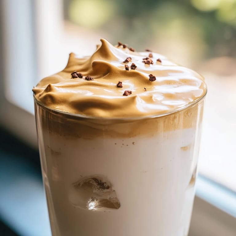 Two glasses of creamy Dalgona coffee feature silky whipped instant coffee stacked over milk, ready for stirring into a frothy sip.  