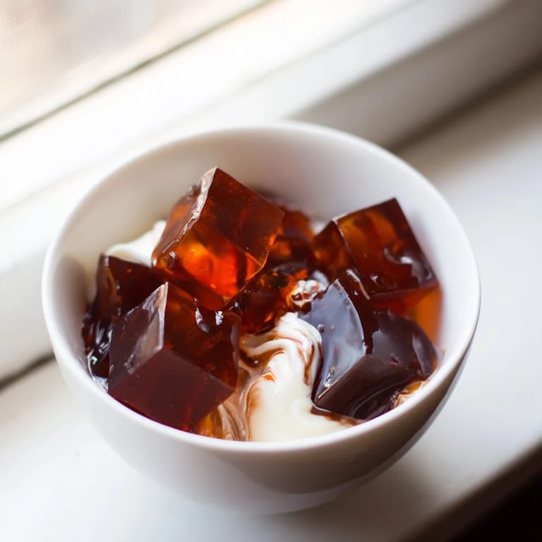 Homemade Japanese coffee jelly dessert served chilled in a glass with a spoon, ready to enjoy.  