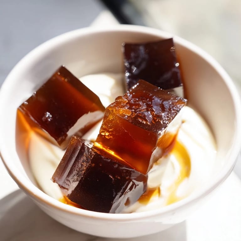 Delicate cubes of rich coffee jelly nestled in a bowl, drizzled with vanilla-sweetened cream topping.