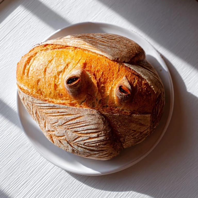 Artisan turkey-shaped sourdough bread with dark crust and soft crumb, ready to slice on a rustic cutting board.