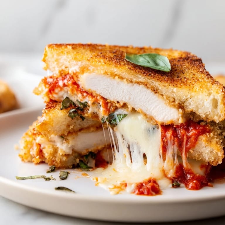 A hearty Chicken Parm Grilled Cheese stacked with tender chicken, zesty marinara, and gooey mozzarella on toasted Italian bread.