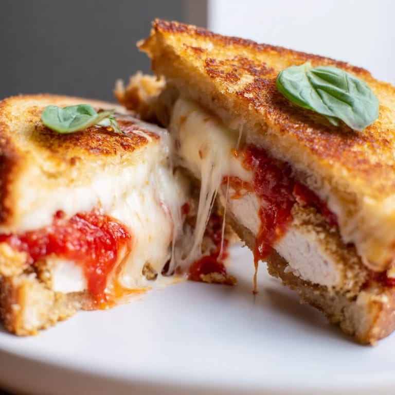Golden grilled bread encasing a Chicken Parm Grilled Cheese, featuring crispy chicken cutlet and warm marinara sauce.