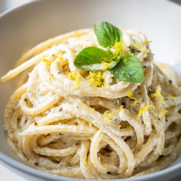 Steam rises from a comforting bowl of Lemon Ricotta Pasta, garnished with chopped parsley and a wedge of lemon for brightness.