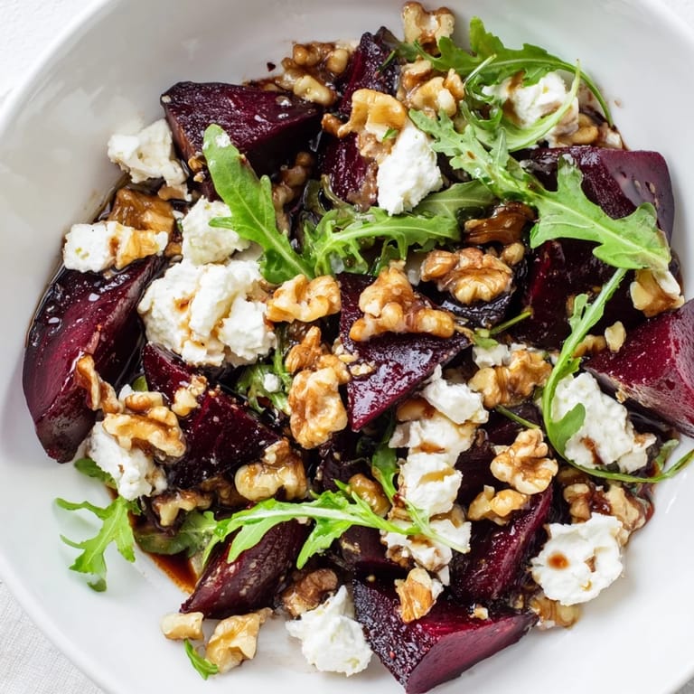 Golden roasted beets and tangy goat cheese top a bed of peppery arugula in this Roasted Beet Goat Cheese Salad.  