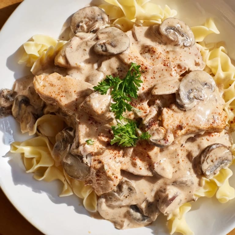 A close-up of tender Chicken and Mushroom Stroganoff featuring glossy sauce, fresh parsley garnish, and steaming noodles ready for a hearty weeknight dinner.