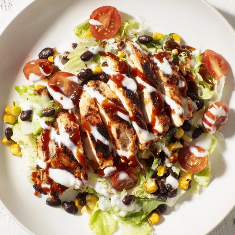 Grilled BBQ Chicken Salad over crisp romaine with tomatoes, red onion, and melted cheddar cheese.