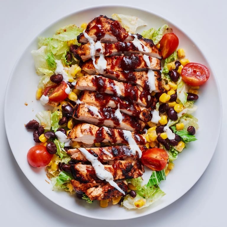 Hearty BBQ Chicken Salad featuring juicy grilled chicken, corn, and avocado with a refreshing lime ranch.
