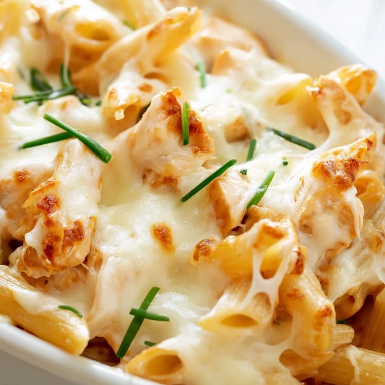 Sizzling hot Chicken Ranch Pasta Bake is plated with a fresh green salad for a complete weeknight dinner.
