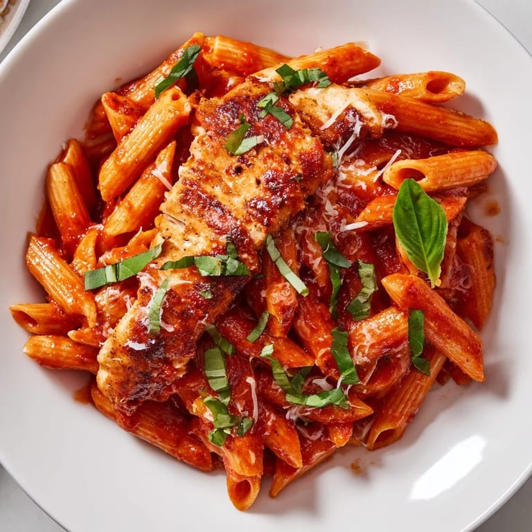 A hearty serving of Spicy Tomato Chicken Pasta, showcasing tender penne and savory chicken in a rich, spicy tomato sauce ready to enjoy.